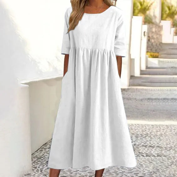 🔥Robe décontractée basique en coton smocké pour femme, tenue d'extérieur basique, col rond, poche