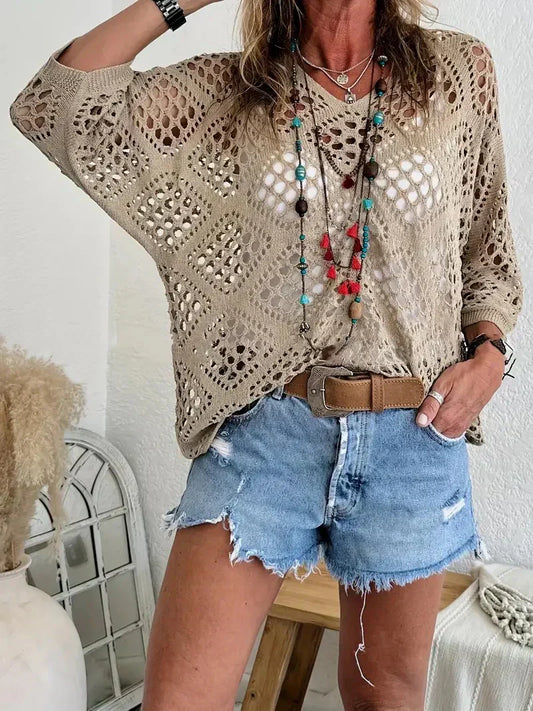 🌸 Haut en crochet beige pour femme, d'inspiration bohème, avec encolure en V – Respirant, coupe ample et idéal pour les journées d'été ☀️