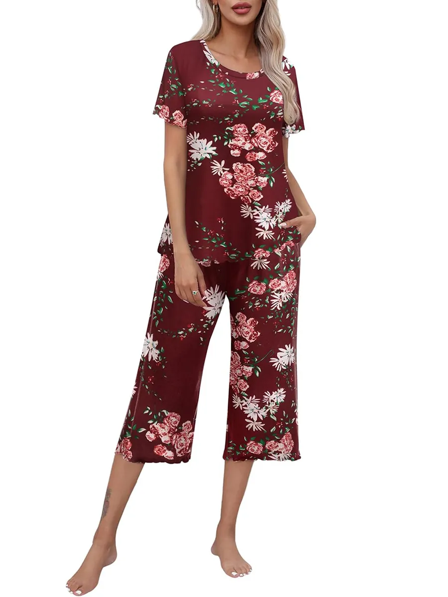 Ensemble haut à manches courtes et pantalon Capri pour femme, tenue de nuit et de détente, imprimé, offre spéciale