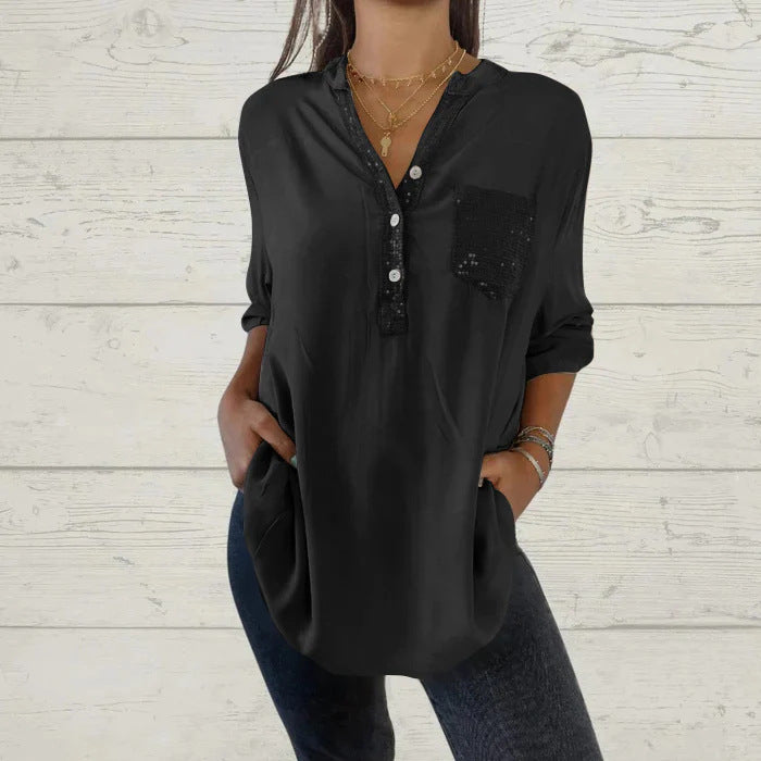 👩‍👧Fête des mères - 50% de réduction🔥Chemise à col en V avec patchwork de paillettes pour femmes