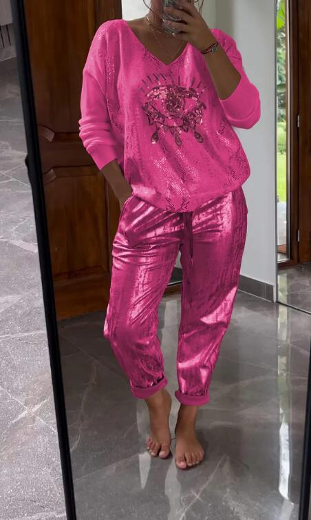 Ensemble 2 pièces pour femmes : ensemble haut en feuille d'or et pantalon à paillettes Devil's Eye