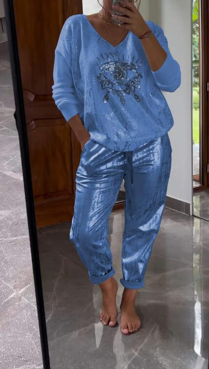 Ensemble 2 pièces pour femmes : ensemble haut en feuille d'or et pantalon à paillettes Devil's Eye