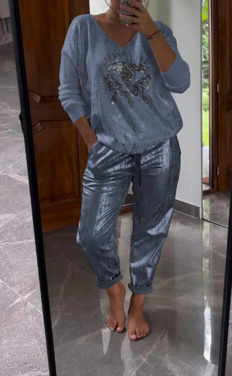 Ensemble 2 pièces pour femmes : ensemble haut en feuille d'or et pantalon à paillettes Devil's Eye