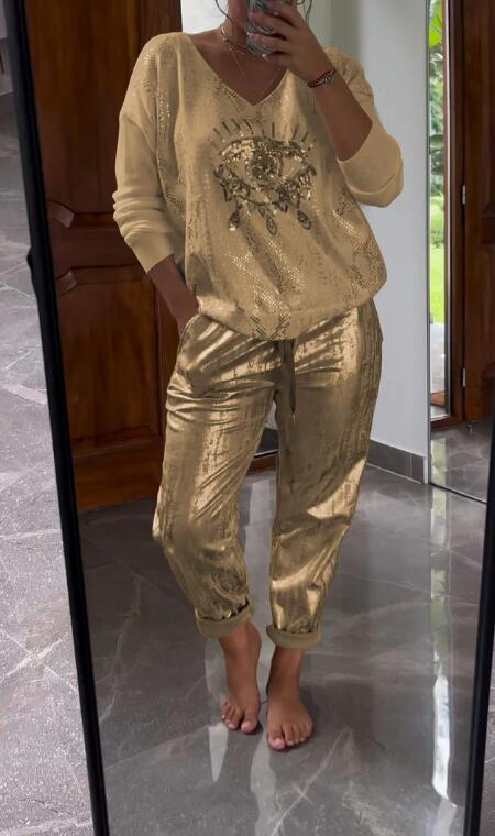 Ensemble 2 pièces pour femmes : ensemble haut en feuille d'or et pantalon à paillettes Devil's Eye