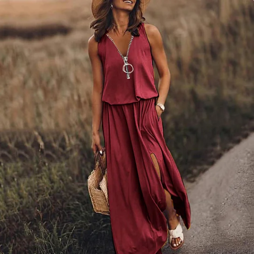 ⏰50% de réduction pour une durée limitée🔥Robe simple avec fermeture éclair et fente