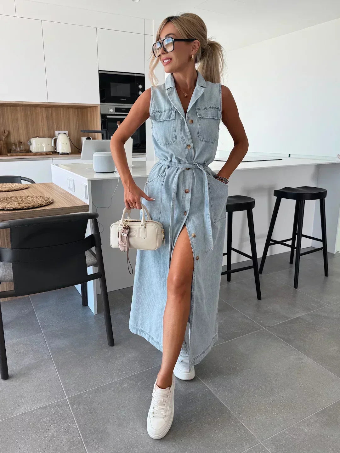 🔥2025 Offre demi-prix sur les nouveaux produits💥Robe en denim solide à poches boutonnées