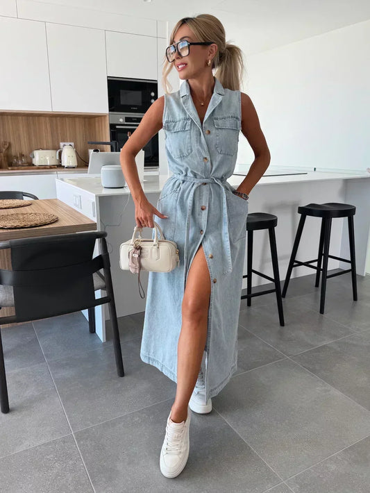 🔥2025 Offre demi-prix sur les nouveaux produits💥Robe en denim solide à poches boutonnées