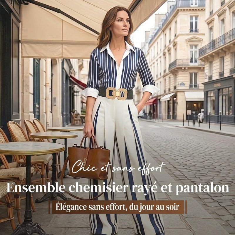 🎁Nouveauté : 50 % de réduction 💥 Ensemble 2 pièces pour femme : chemise rayée et pantalon large