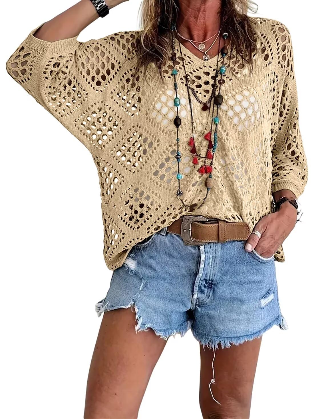 🌸 Haut en crochet beige pour femme, d'inspiration bohème, avec encolure en V – Respirant, coupe ample et idéal pour les journées d'été ☀️
