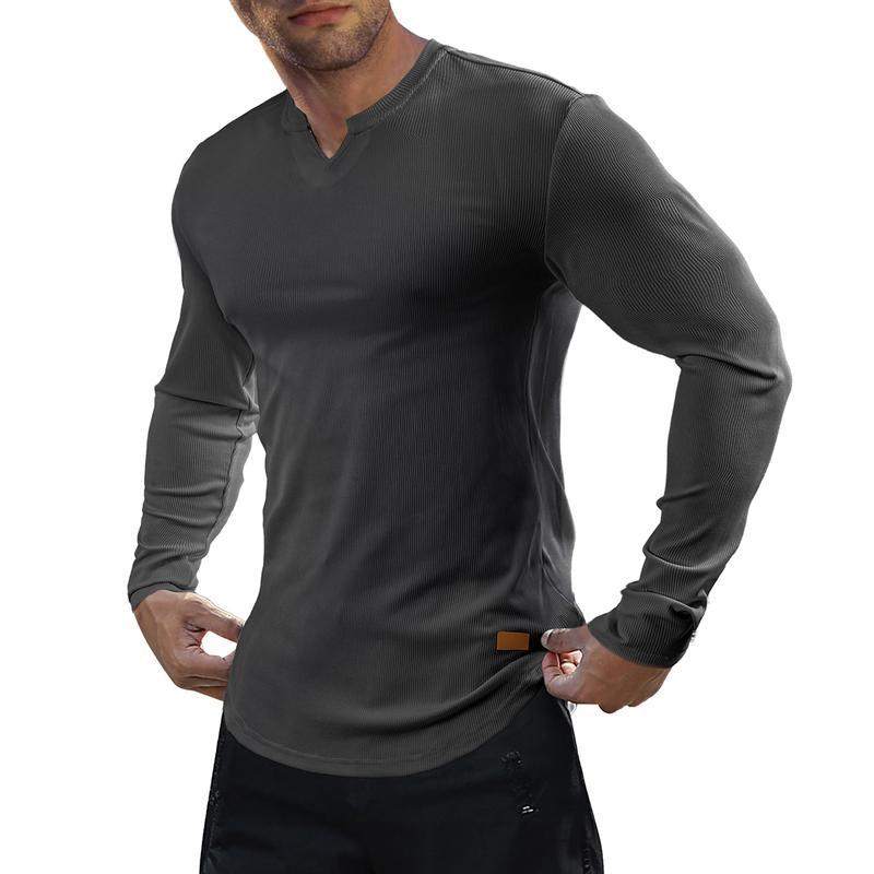 👕Haut côtelé à manches longues à col en V pour homme, pour l’entraînement, le fitness et le sport🛍️