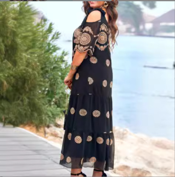 【S-4XL】🥰 Robe creuse d'été à manches courtes, jupe longue imprimée ample