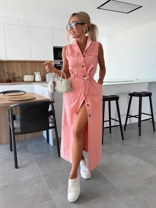🔥2025 Offre demi-prix sur les nouveaux produits💥Robe en denim solide à poches boutonnées