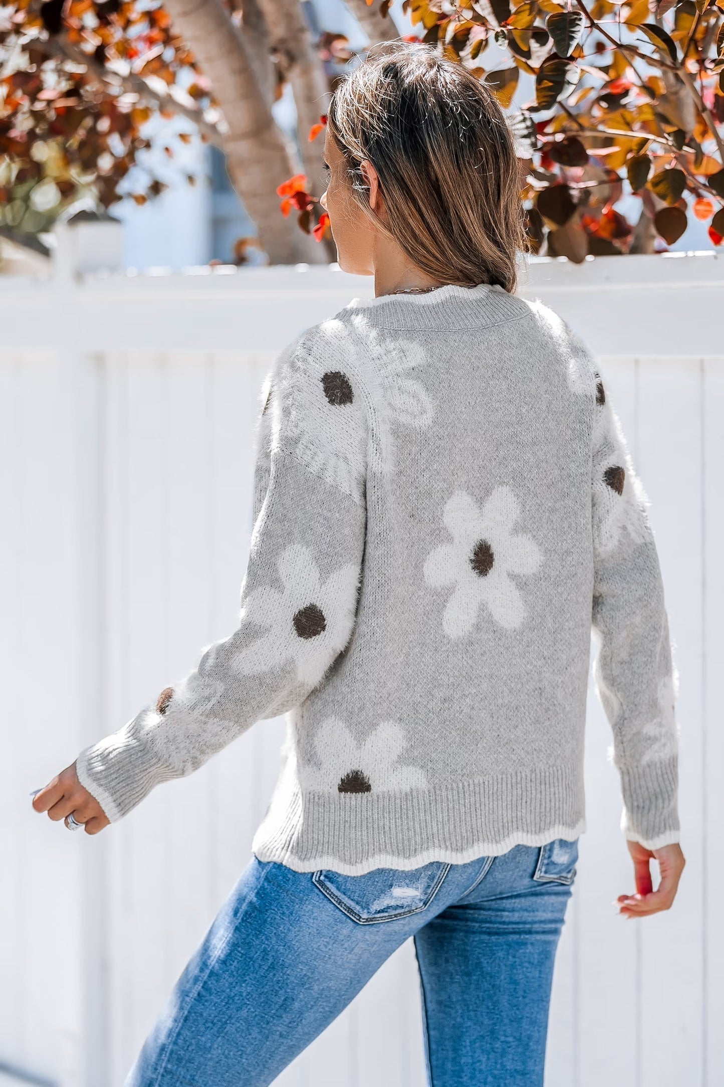 💃49 % DE RÉDUCTION✨🍂Pull à motif floral et bordure festonnée pour femme