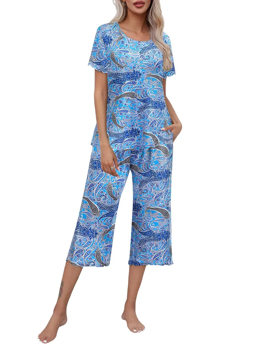 Ensemble haut à manches courtes et pantalon Capri pour femme, tenue de nuit et de détente, imprimé, offre spéciale