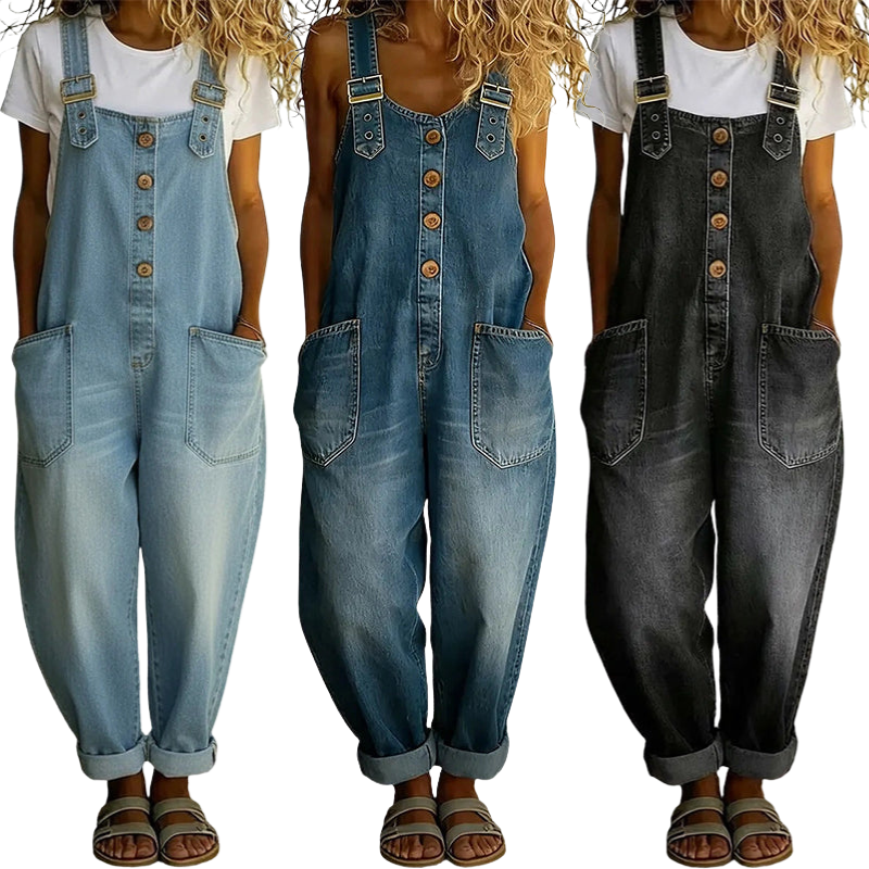 Salopette en jean décontractée et ample pour femme avec poches