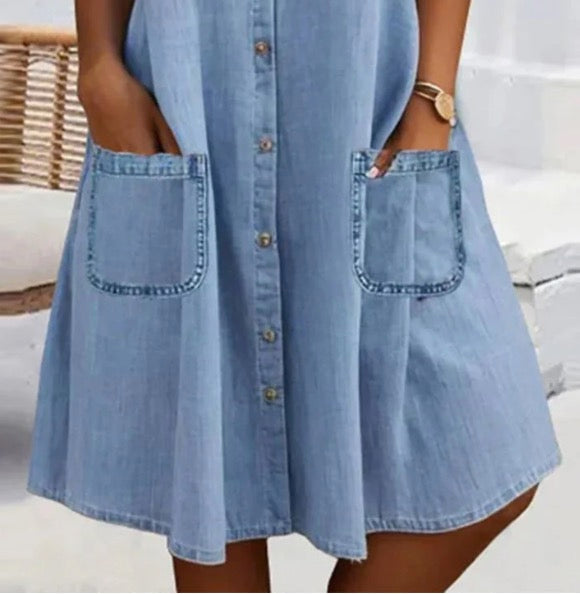 🎁Temps limité 50 % RÉDUCTION⏳Mini-robe bleue simple en denim avec col et dentelle