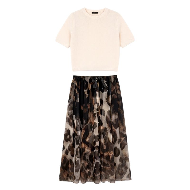 ❄️ Soldes d'hiver - 49 % de réduction 👗Ensemble deux pièces pour femme composé d'un pull et d'une jupe fluide à imprimé léopard