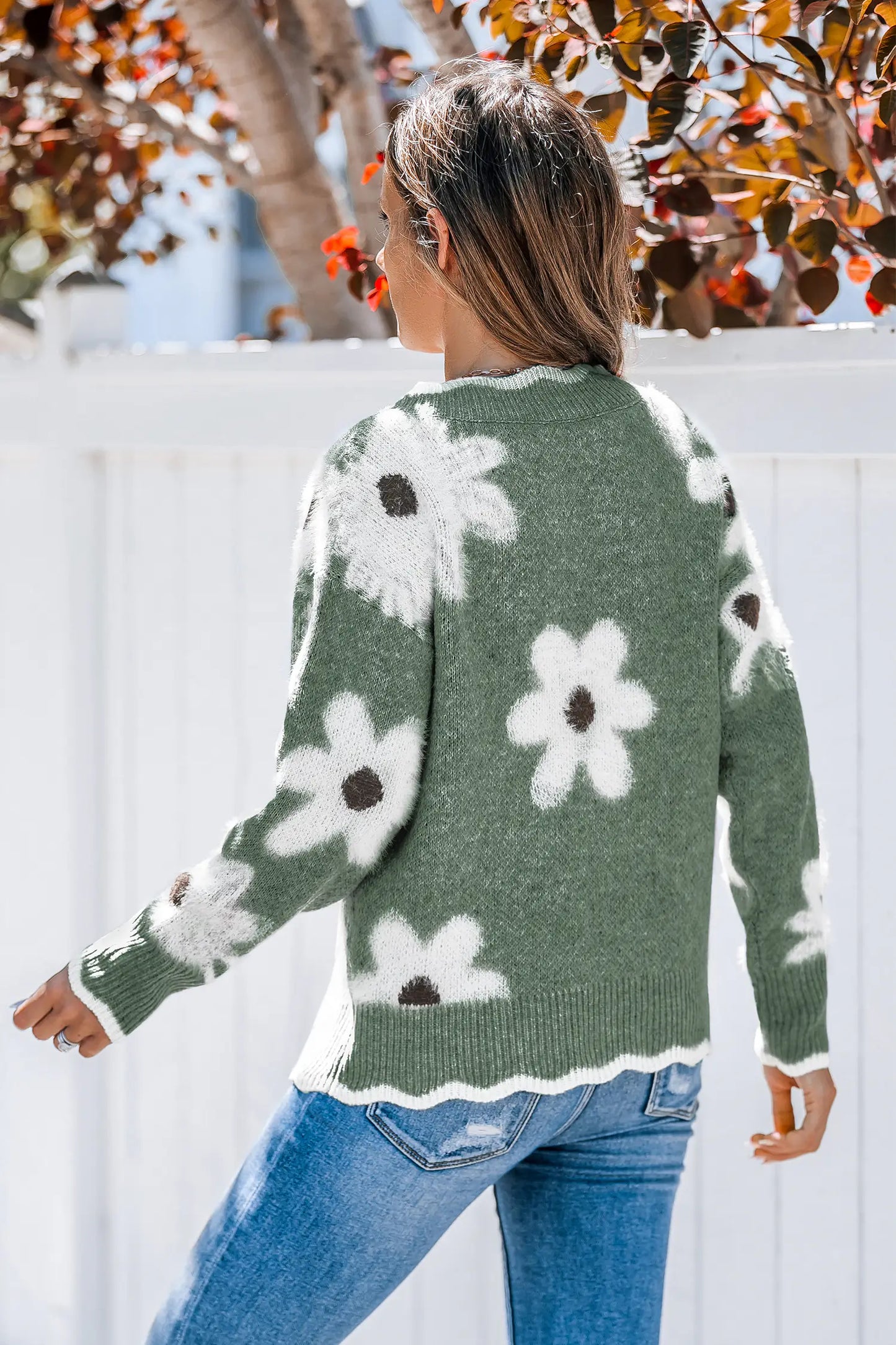 💃49 % DE RÉDUCTION✨🍂Pull à motif floral et bordure festonnée pour femme