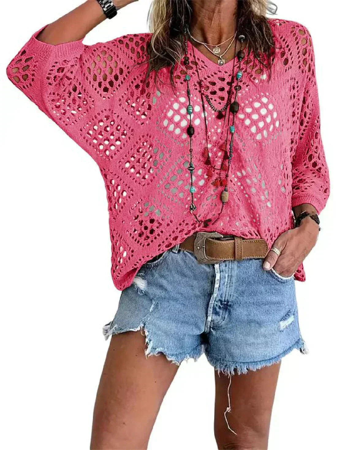 🌸 Haut en crochet beige pour femme, d'inspiration bohème, avec encolure en V – Respirant, coupe ample et idéal pour les journées d'été ☀️