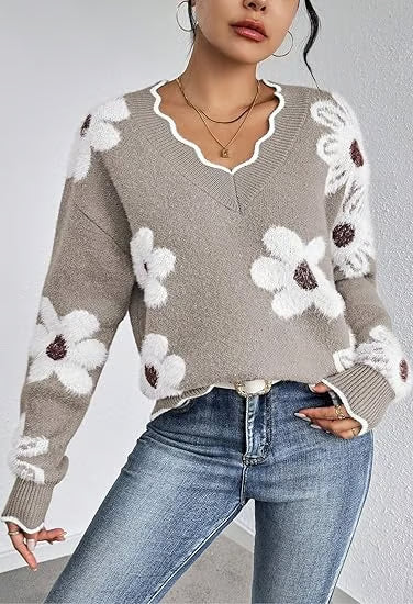 💃49 % DE RÉDUCTION✨🍂Pull à motif floral et bordure festonnée pour femme