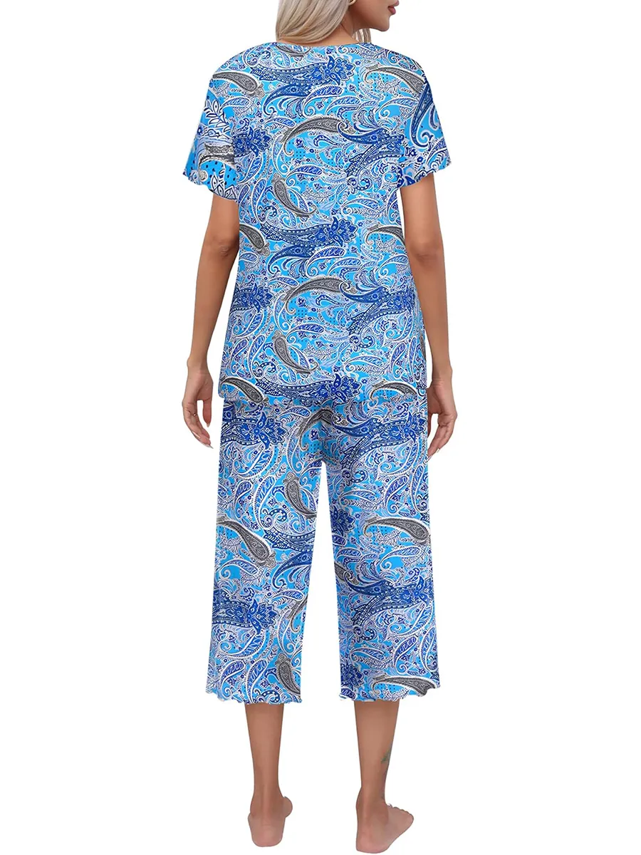 Ensemble haut à manches courtes et pantalon Capri pour femme, tenue de nuit et de détente, imprimé, offre spéciale