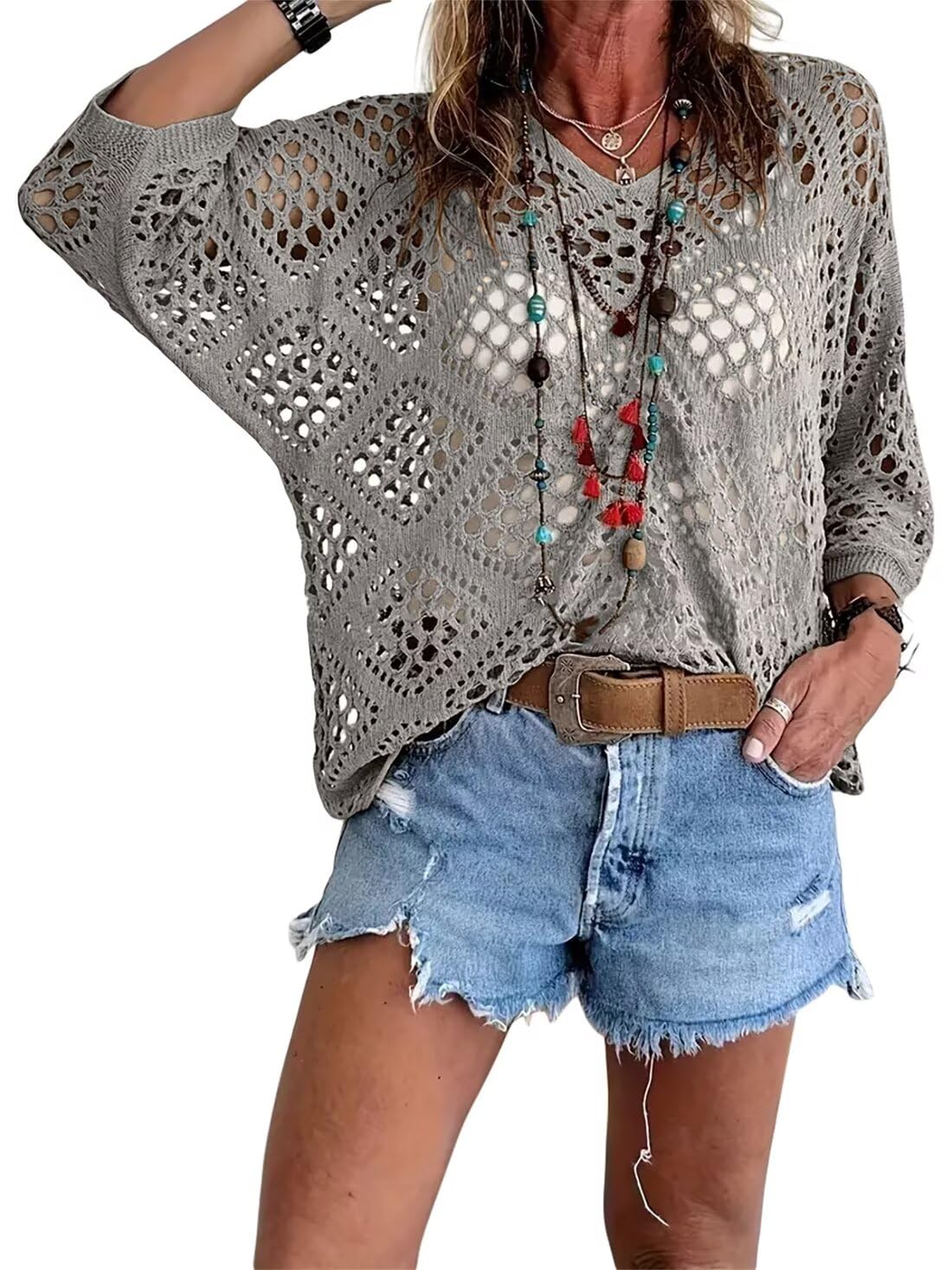 🌸 Haut en crochet beige pour femme, d'inspiration bohème, avec encolure en V – Respirant, coupe ample et idéal pour les journées d'été ☀️