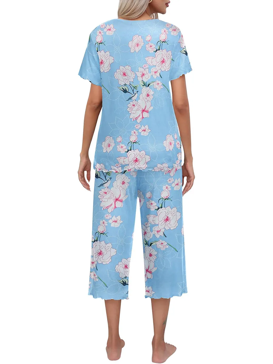Ensemble haut à manches courtes et pantalon Capri pour femme, tenue de nuit et de détente, imprimé, offre spéciale