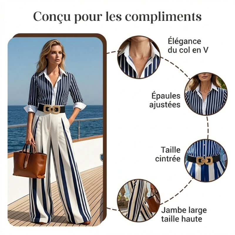 🎁Nouveauté : 50 % de réduction 💥 Ensemble 2 pièces pour femme : chemise rayée et pantalon large