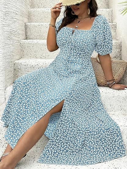 💗Spécial été - 50% de réduction💗Plus-size Short Sleeve Split Floral Print Dress