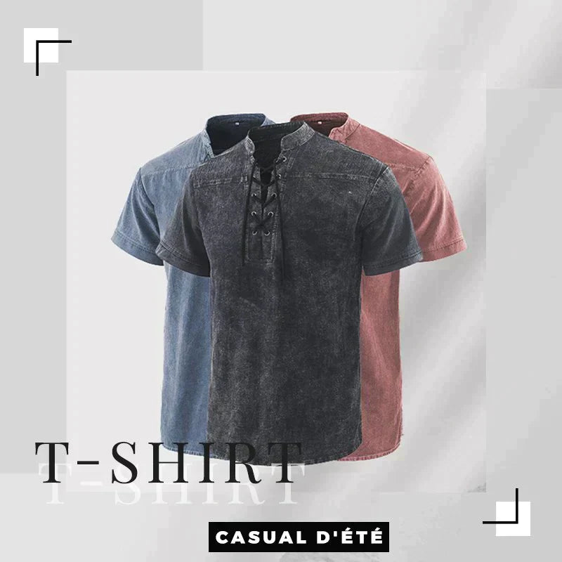 T-shirt gothique vintage à col en V, poche en lin, manches courtes, coupe ample pour hommes