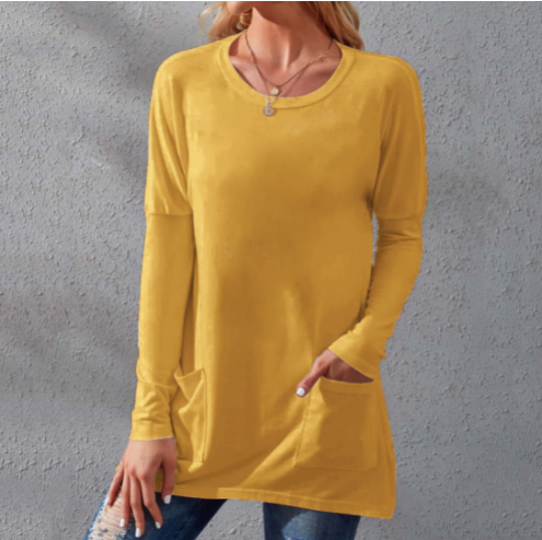 💥Grande promotion💥 T-shirt décontracté à manches longues pour femmes avec poche à col rond