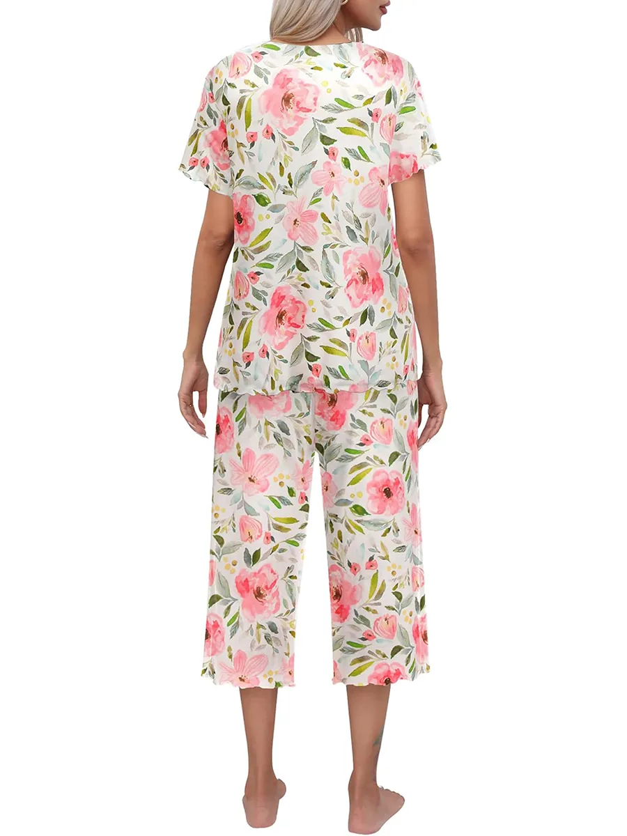 Ensemble haut à manches courtes et pantalon Capri pour femme, tenue de nuit et de détente, imprimé, offre spéciale