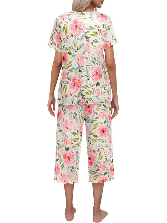 Ensemble haut à manches courtes et pantalon Capri pour femme, tenue de nuit et de détente, imprimé, offre spéciale