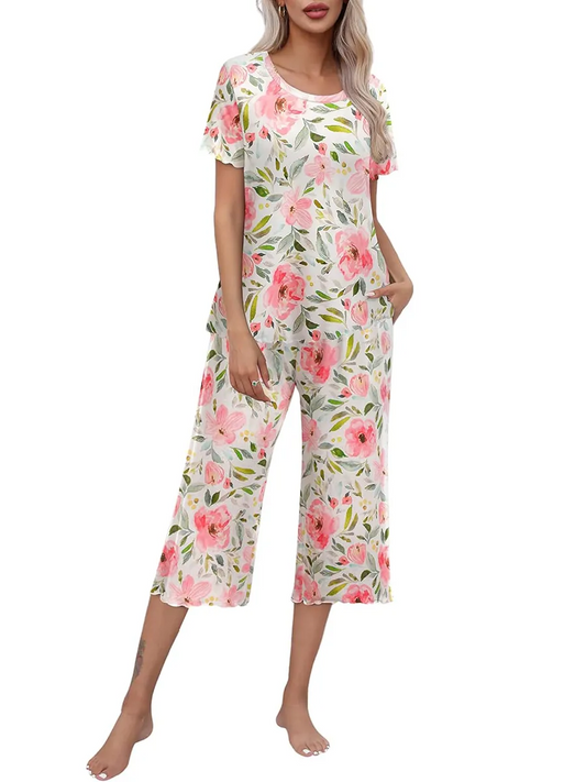 Ensemble haut à manches courtes et pantalon Capri pour femme, tenue de nuit et de détente, imprimé, offre spéciale