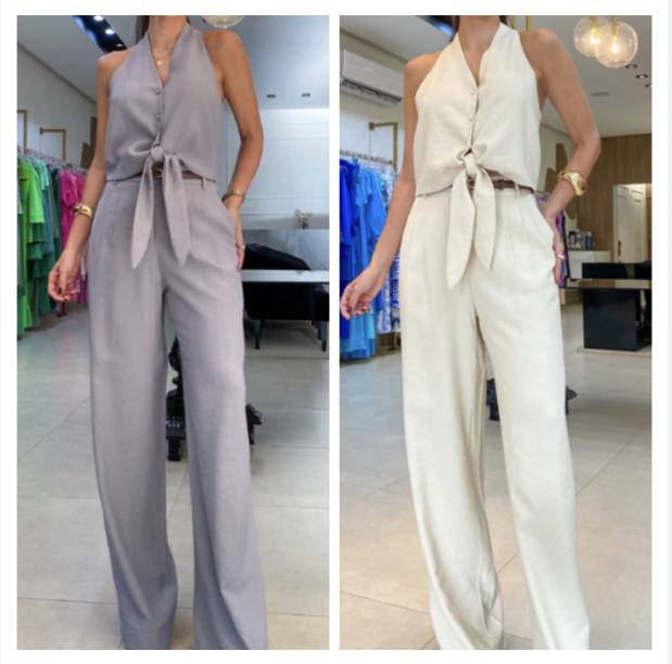 Ensemble de 2 dos nu sans manches et pantalon large à taille haute pour femmes