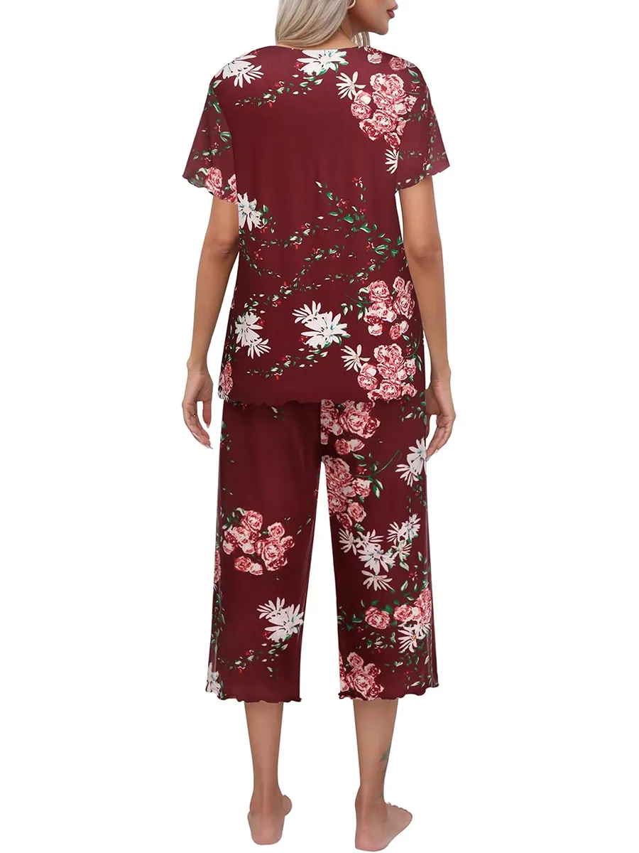 Ensemble haut à manches courtes et pantalon Capri pour femme, tenue de nuit et de détente, imprimé, offre spéciale
