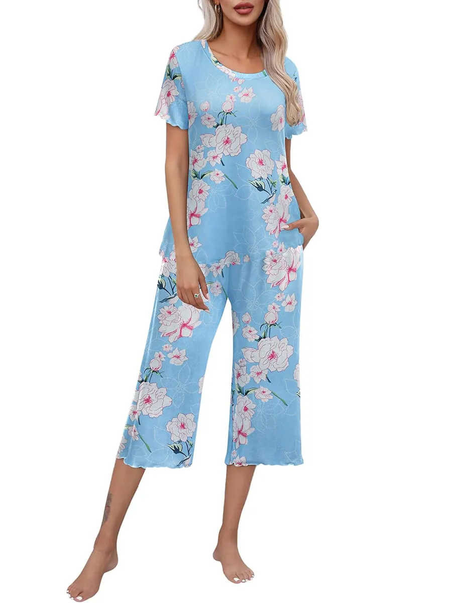 Ensemble haut à manches courtes et pantalon Capri pour femme, tenue de nuit et de détente, imprimé, offre spéciale