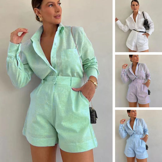 Ensemble 2 Pièces Décontracté : Chemise à Col à Revers et Shorts de Couleur Unie