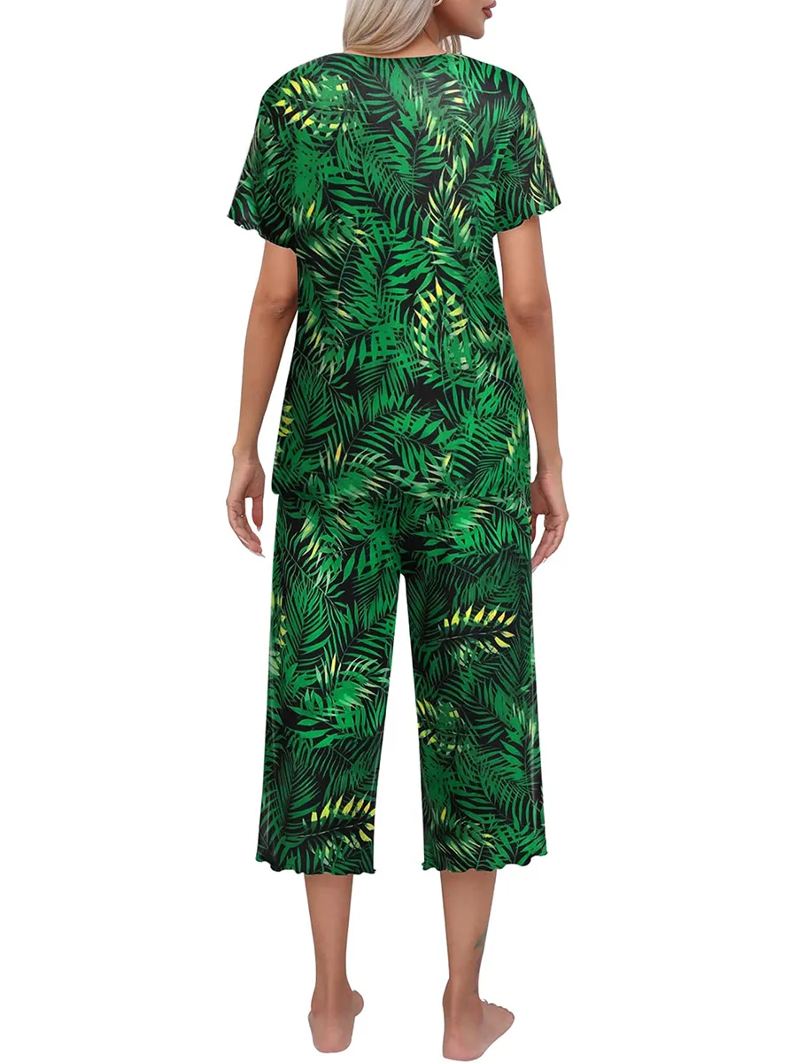 Ensemble haut à manches courtes et pantalon Capri pour femme, tenue de nuit et de détente, imprimé, offre spéciale