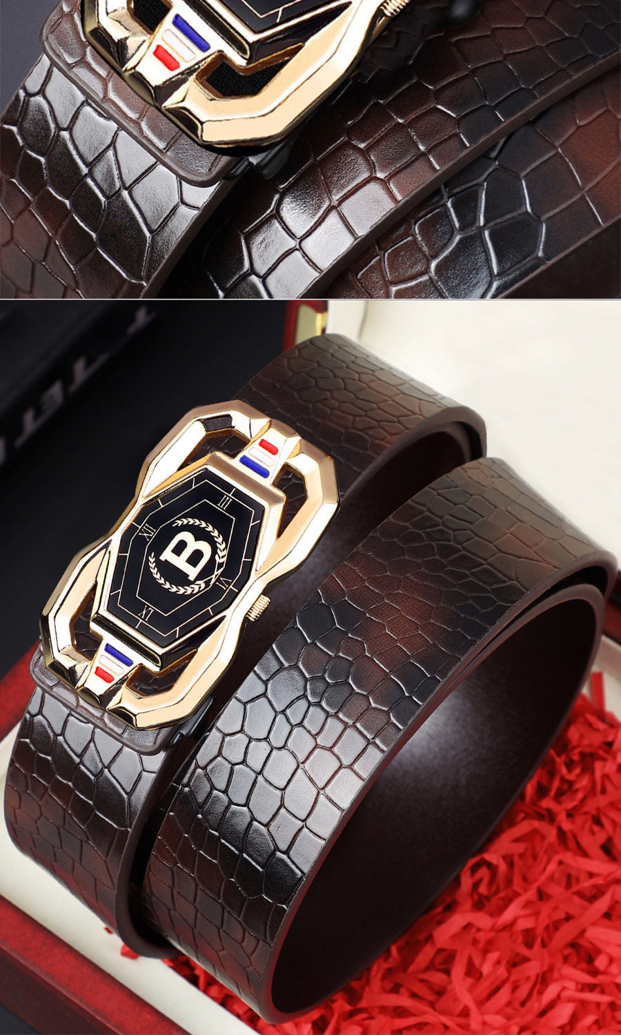 🐊Ceinture en cuir pour homme avec motif crocodile raffiné, boucle automatique et fabriquée en cuir de vachette.