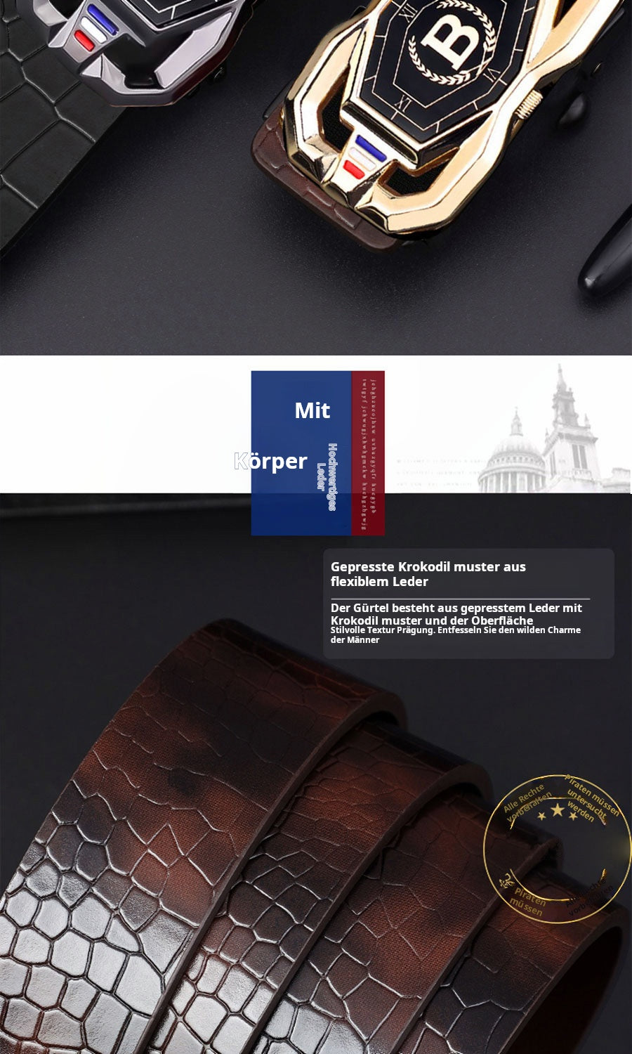 🐊Ceinture en cuir pour homme avec motif crocodile raffiné, boucle automatique et fabriquée en cuir de vachette.