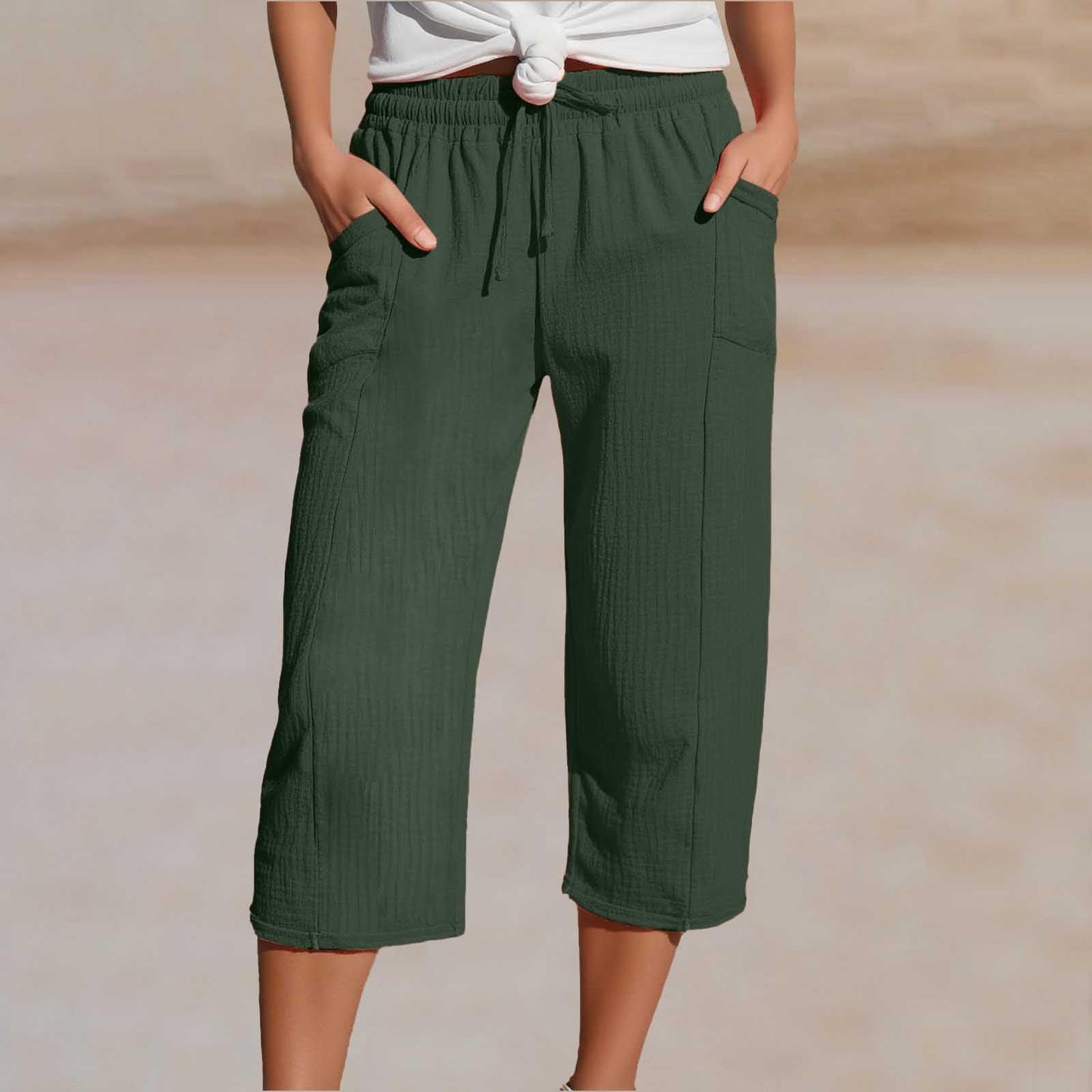 Pantalon court plissé en coton et lin unie pour femme