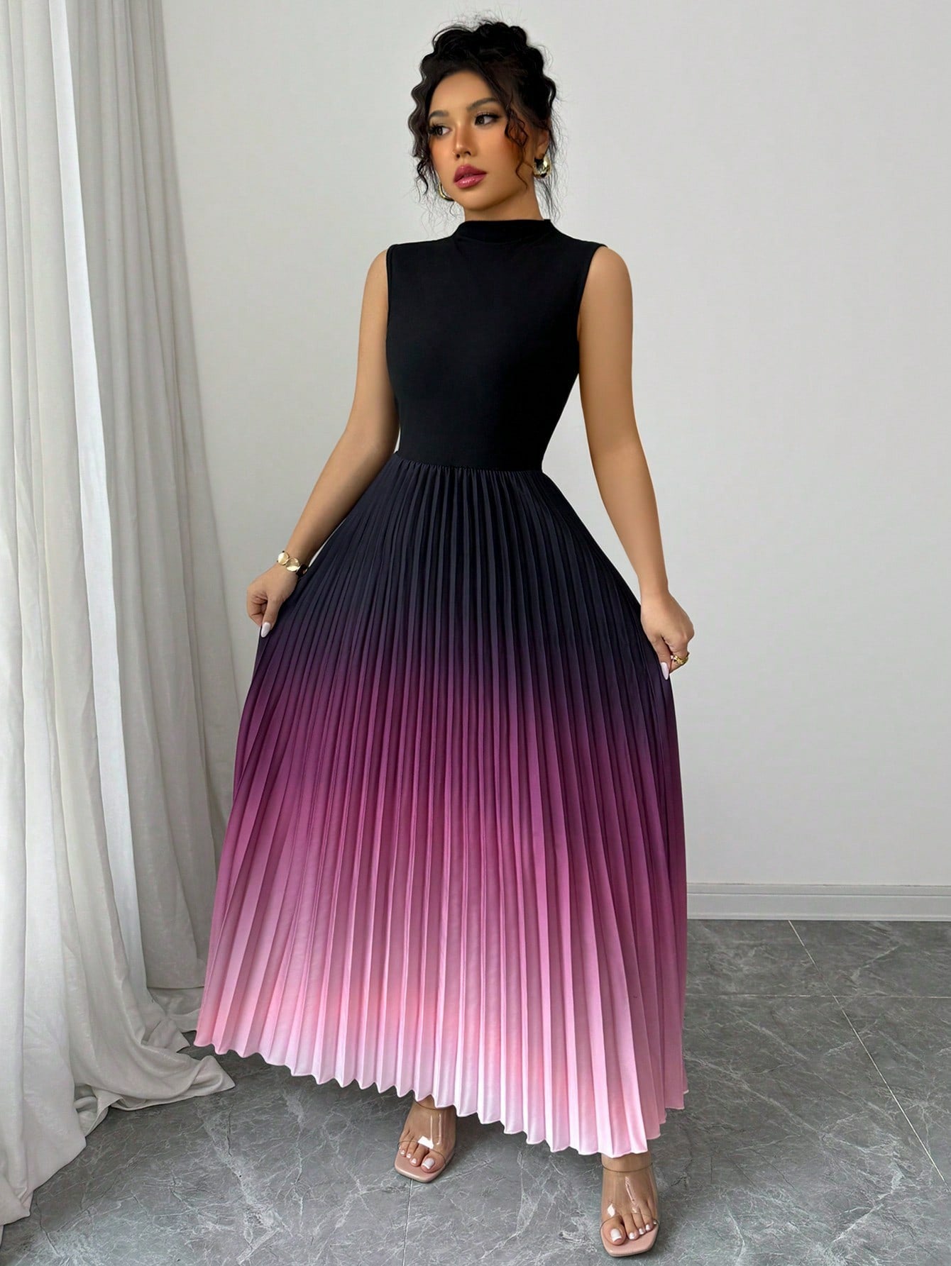 Robe longue sans manches à col montant et plissé ombré❤️ACHETEZ-EN 2 ET BÉNÉFICIEZ DE LA LIVRAISON GRATUITE