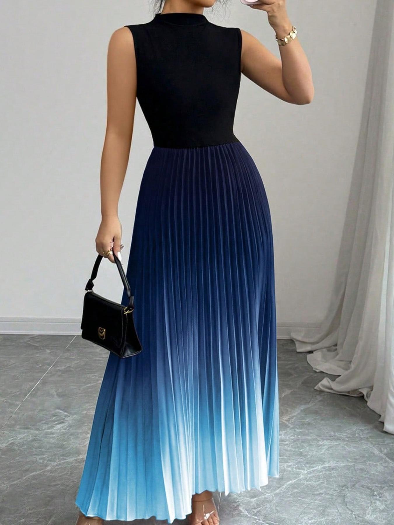 Robe longue sans manches à col montant et plissé ombré❤️ACHETEZ-EN 2 ET BÉNÉFICIEZ DE LA LIVRAISON GRATUITE