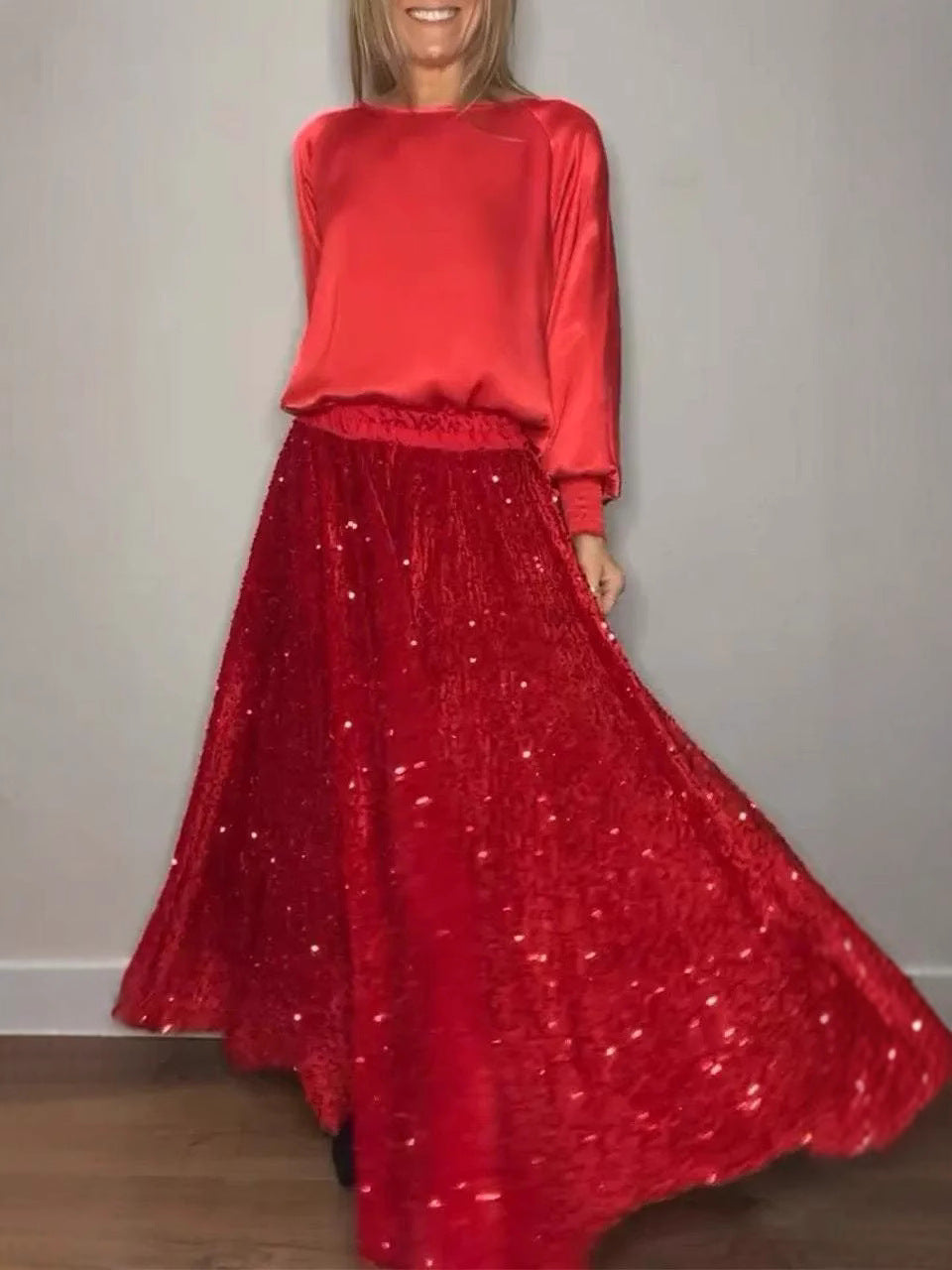 ✨Ensemble en coton mercerisé de haute qualité✨Ensemble deux pièces pour femme composé d'un haut à manches longues et d'une jupe longue à sequins.