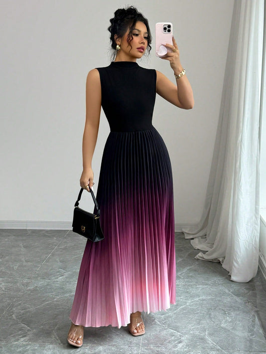 Robe longue sans manches à col montant et plissé ombré❤️ACHETEZ-EN 2 ET BÉNÉFICIEZ DE LA LIVRAISON GRATUITE