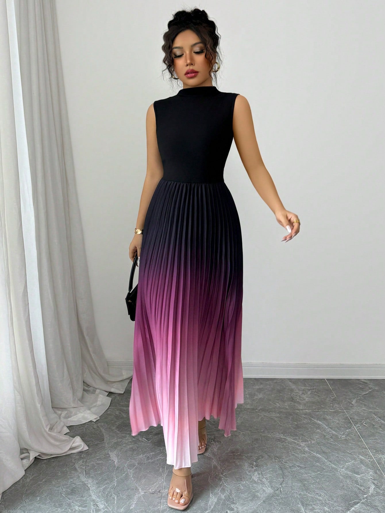 Robe longue sans manches à col montant et plissé ombré❤️ACHETEZ-EN 2 ET BÉNÉFICIEZ DE LA LIVRAISON GRATUITE