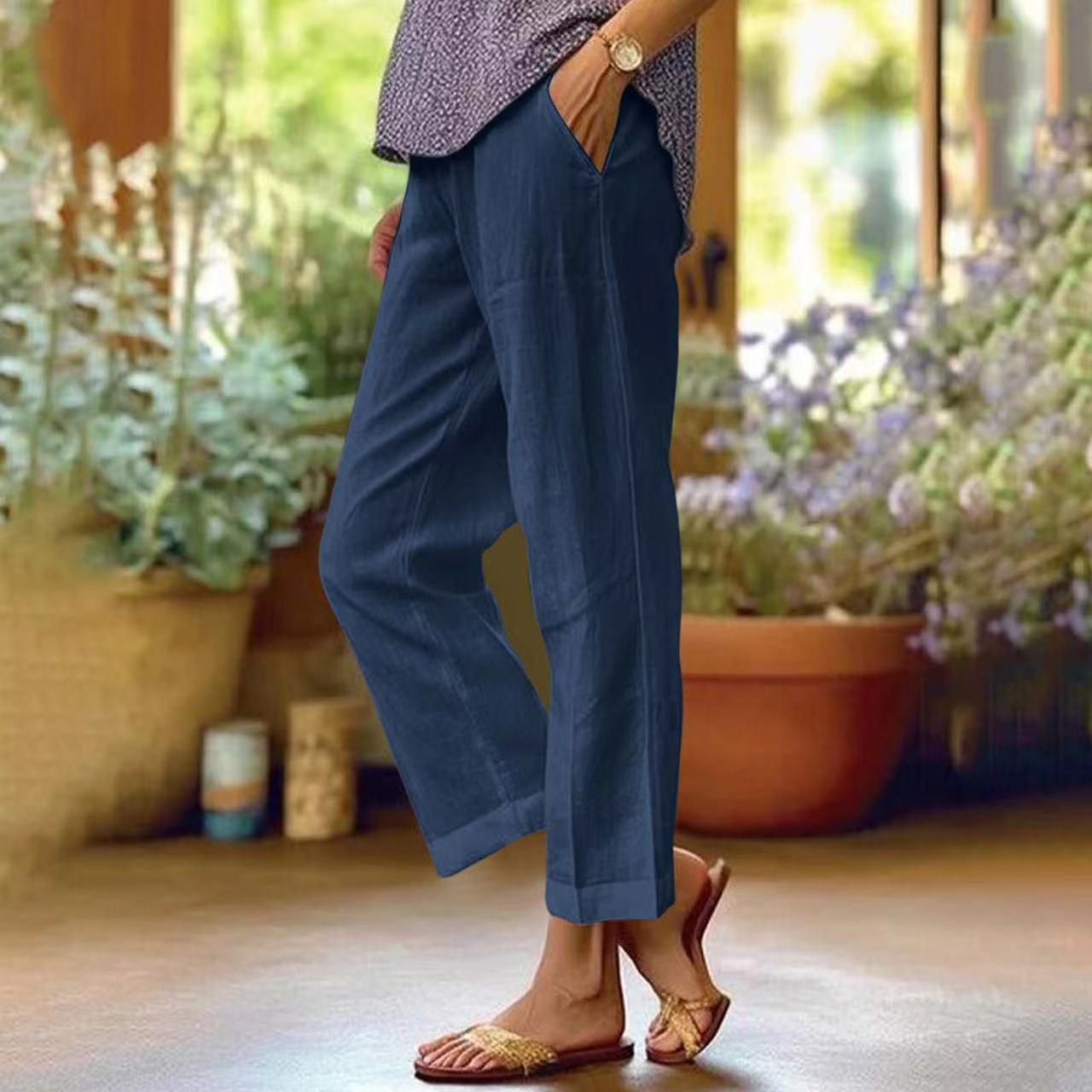 ⏳Offre à durée limitée⏰Pantalon décontracté ample en coton et lin, à taille élastiquée et poches