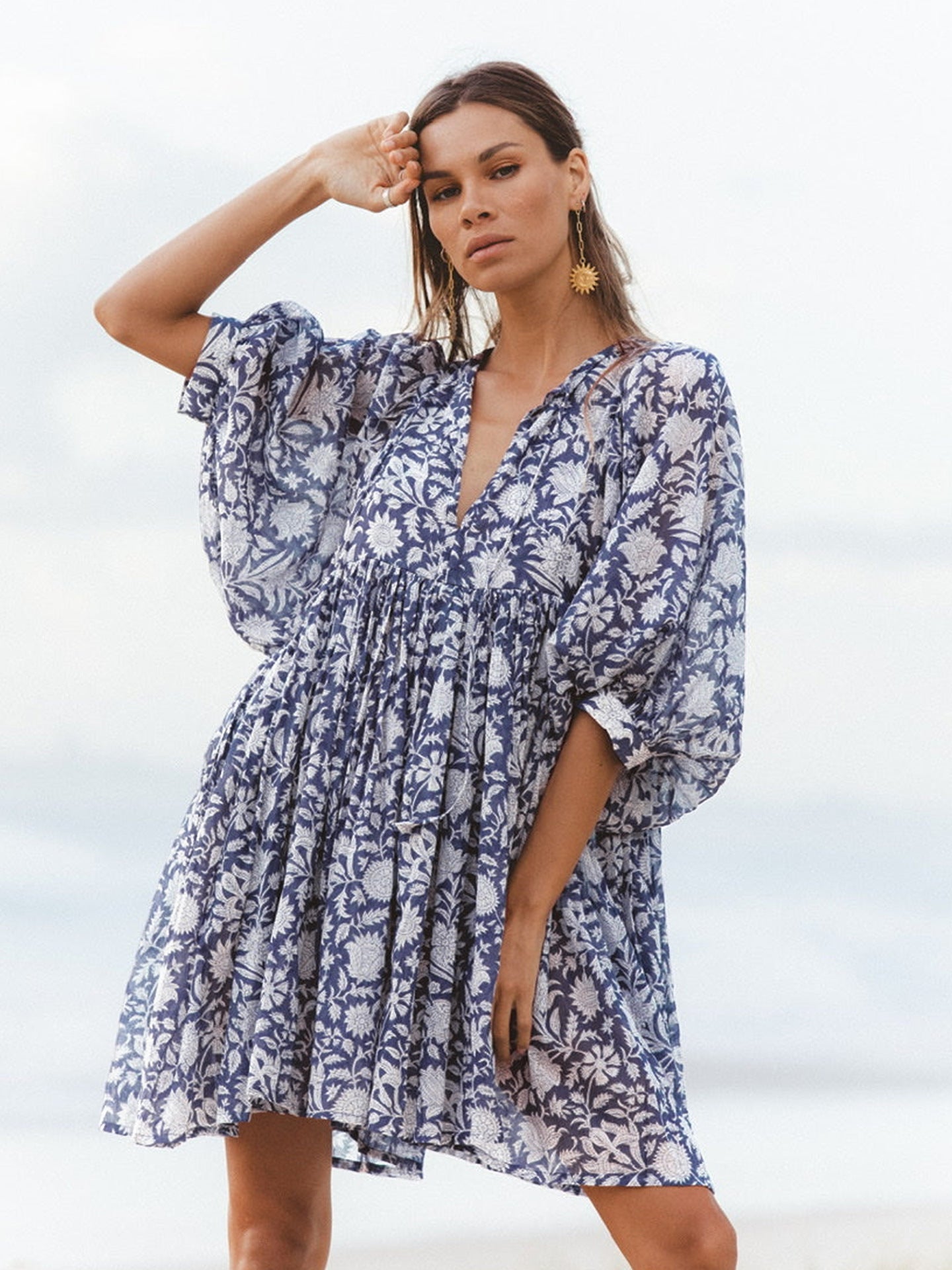 🔥50% DE RÉDUCTION🔥Robe courte d'été tunique florale à col en V et demi-manches