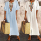 🔥-45%👗 Robe Longue Coton Froissé Femme – Col Décoratif Ethnique, Manches Courtes et Fente Latérale🤍 Robe ample texturée col brodé